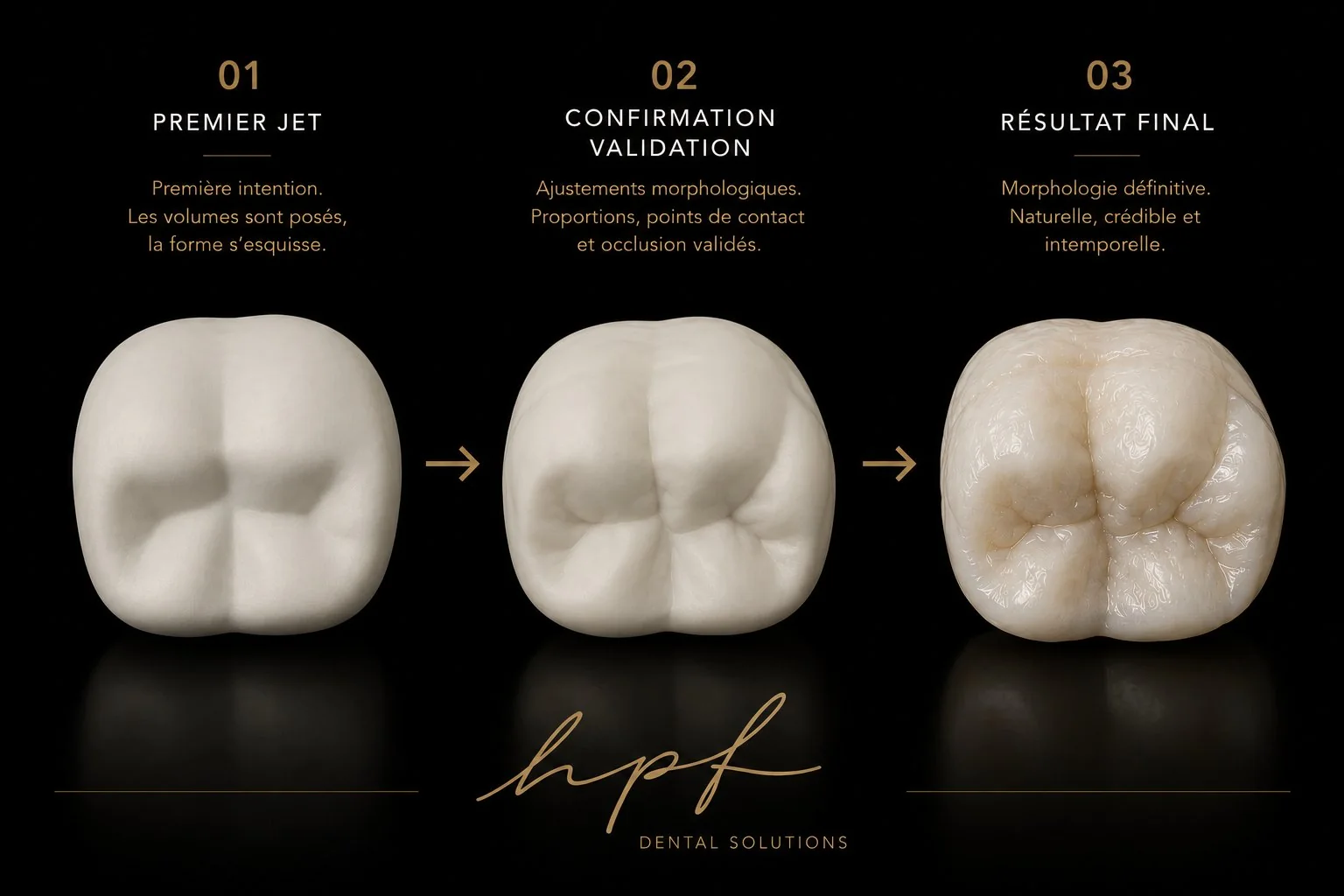 Évolution d'une molaire HPF ONE : premier jet, confirmation et validation de l'occlusion, résultat final glacé